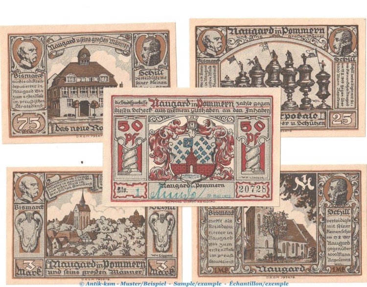 Notgeld Sparkasse Naugard 923.1.a , Set -grün gestempelt- in kfr. o.D. Pommern Seriennotgeld