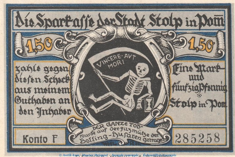 Notgeld Sparkasse Stolp 1275.4.a , 1,50 Mark Schein --mit Wz-- in kfr. o.D. Pommern Seriennotgeld