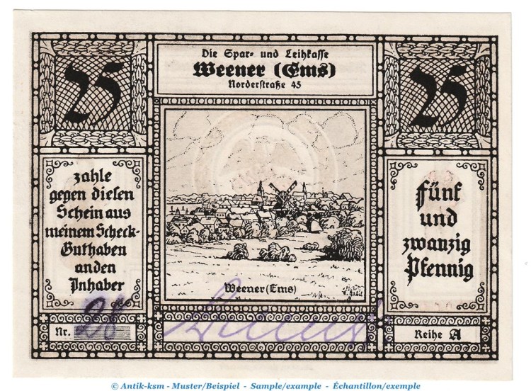 Notgeld Sparkasse Weener 1389.1.a , 25 Pfennig ausgefüllt in kfr. o.D. Niedersachsen Seriennotgeld