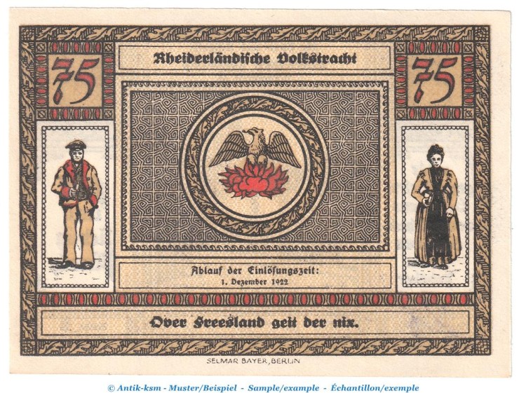 Notgeld Sparkasse Weener 1389.1.a , 75 Pfennig -ausgefüllt- in kfr. o.D. Niedersachsen Seriennotgeld