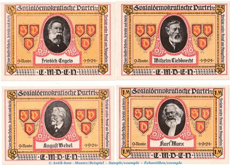 Notgeld SPD Werbewoche Emden 336.1 , Set mit 4 Scheinen in kfr. von 1921 , Niedersachsen Seriennotgeld 