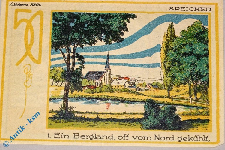 Notgeld Speicher , 50 Pfennig Schein Nr 1 , glattes Papier , Mehl Grabowski 1248.1 , von 1921 , Rheinland Seriennotgeld