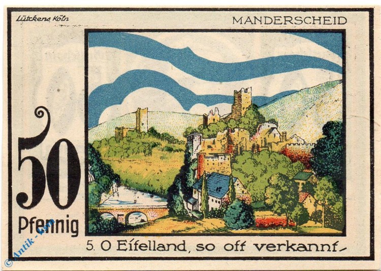 Notgeld Speicher , 50 Pfennig Schein Nr 5 , glattes Papier , Mehl Grabowski 1248.1 , von 1921 , Rheinland Seriennotgeld