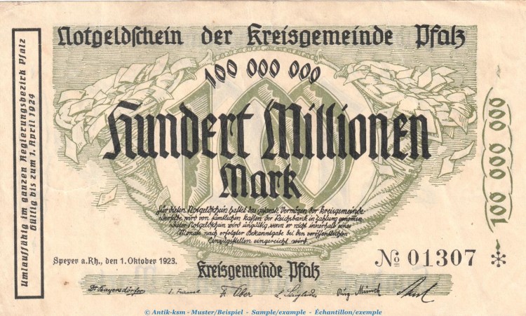 Notgeld Speyer - Kreisgemeinde Pfalz , 100 Millionen Mark Schein in gbr. Keller 4286.c von 1923 , Pfalz Inflation