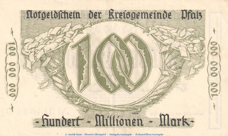 Notgeld Speyer - Kreisgemeinde Pfalz , 100 Millionen Mark Schein in kfr. Keller 4286.c von 1923 , Pfalz Inflation