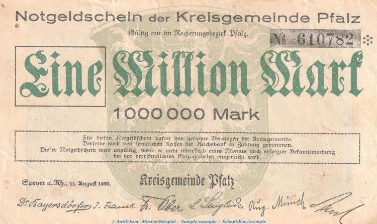 Notgeld Speyer - Kreisgemeinde Pfalz , 1 Million Mark Schein in gbr. Keller 4286.b von 1923 , Pfalz Inflation