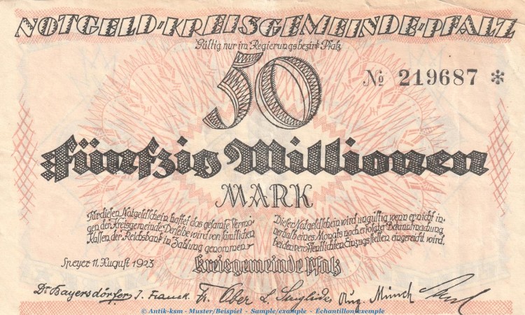 Notgeld Speyer - Kreisgemeinde Pfalz , 50 Millionen Mark Schein in gbr. Keller 4286.b von 1923 , Pfalz Inflation