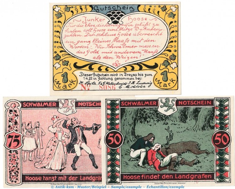 Notgeld Spohr ... Treysa 1340.1.a , Set mit 3 Scheinen in kfr. von 1922 , Hessen Seriennotgeld