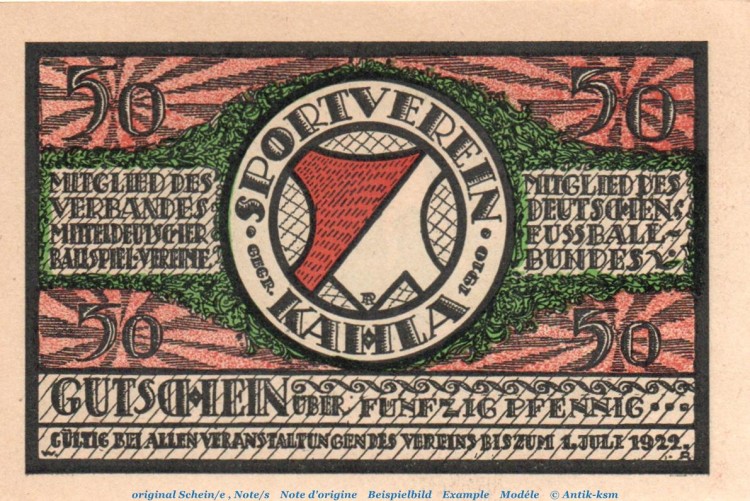 Notgeld Sportverein Kahla 667.1 , 50 Pfennig Schein Nr 3 gepunktet in kfr. o.D. Thüringen Seriennotgeld
