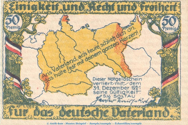 Notgeld Sportverein Soltau 1239.1.F , 1 Mark --Fehldruck-- blau in kfr. o.D. Niedersachsen Seriennotgeld