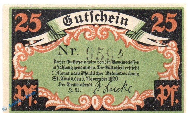 Notgeld St. Tönis , 25 Pfennig Schein Nr 3 , Mehl Grabowski 1167.1 , von 1920 , Westfalen Seriennotgeld