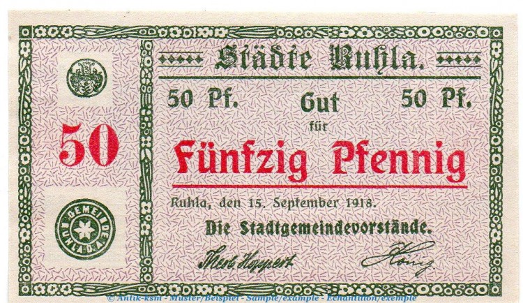 Notgeld Städte Ruhla 6300.05.11 , 50 Pfennig Frontdienst in kfr. von 1918 , Thüringen Verkehrsausgabe