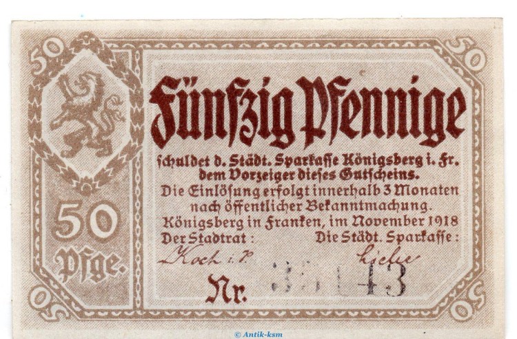 Notgeld Städtischen Sparkasse Königsberg Fr. 3585.05.05 , 50 Pfennig Schein in kfr. von 1918 , Sachsen Verkehrsausgabe