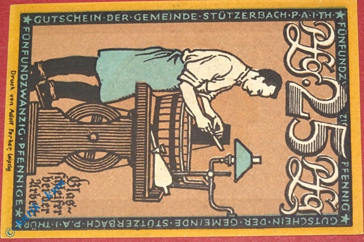 Notgeld Stützerbach , 25 Pfennig Schein 2 , Mehl Grabowski 1286.1 a , von 1921 , Thüringen Seriennotgeld