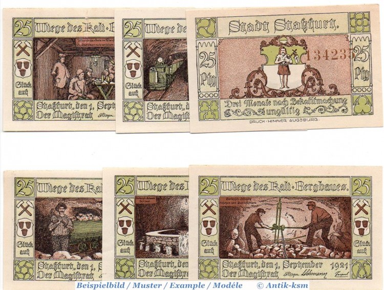 Notgeld Staßfurt , Set mit 6 Scheinen in kfr. Mehl Grabowski 1256.2.b , von 1921 , Sachsen Anhalt Seriennotgeld