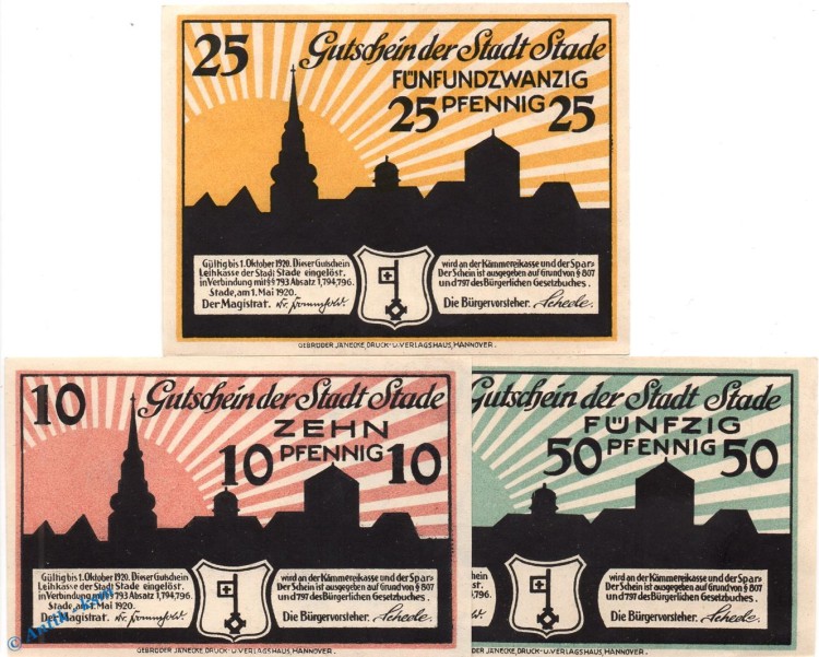 Notgeld Stade , Set mit 3 Scheinen in kfr. Tieste 7040.05.10-12 , von 1920 , Niedersachsen Verkehrsausgabe