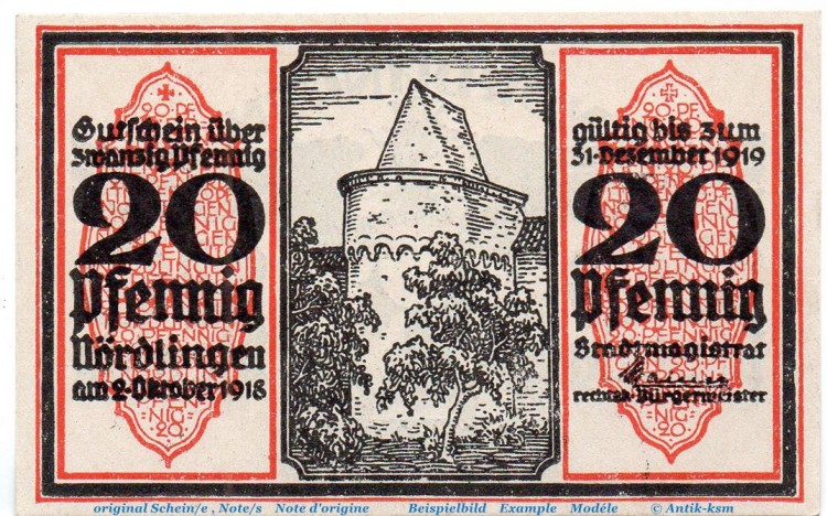 Notgeld Stadt  Nördlingen 978.1.d , 20 Pfennig Schein Nr 4 in kfr. von 1918 , Bayern Seriennotgeld