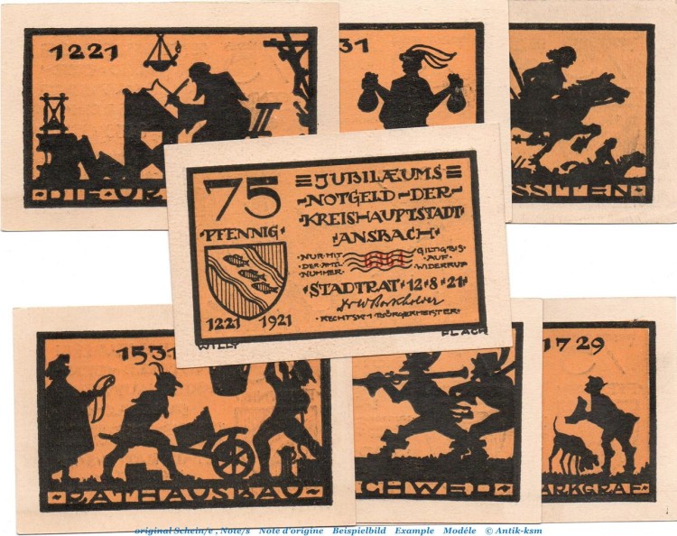 Notgeld Stadt Ansbach 35.1.a , Set mit 7 Scheinen in kfr. Kn rot , von 1921 , Bayern Seriennotgeld