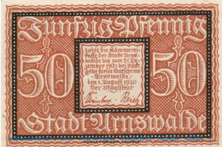 Notgeld Stadt Arnswalde 0205.05.31 , 50 Pfennig Schein in kfr. , von 1920 , Brandenburg Verkehrsausgabe