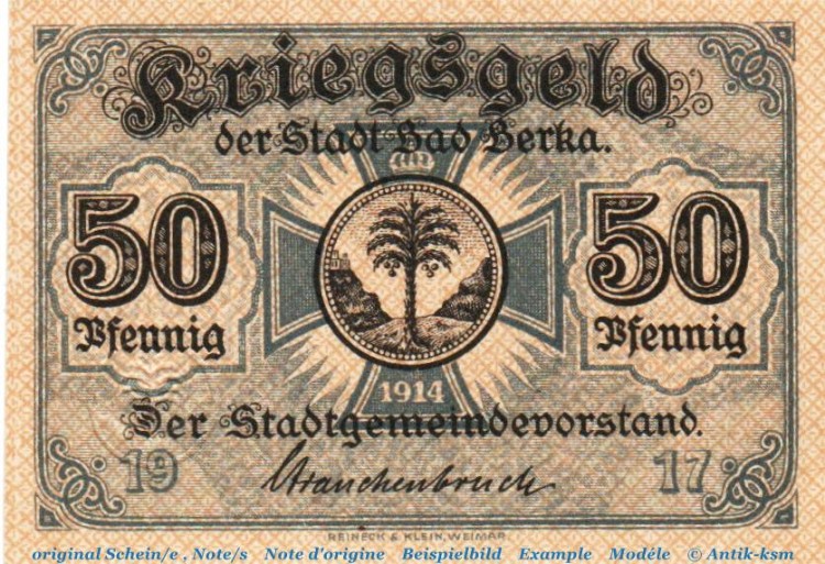 Notgeld Stadt Bad Berka 0455.05.22 , 50 Pfennig Kn. violett in kfr. von 1917 , Thüringen Verkehrsausgabe