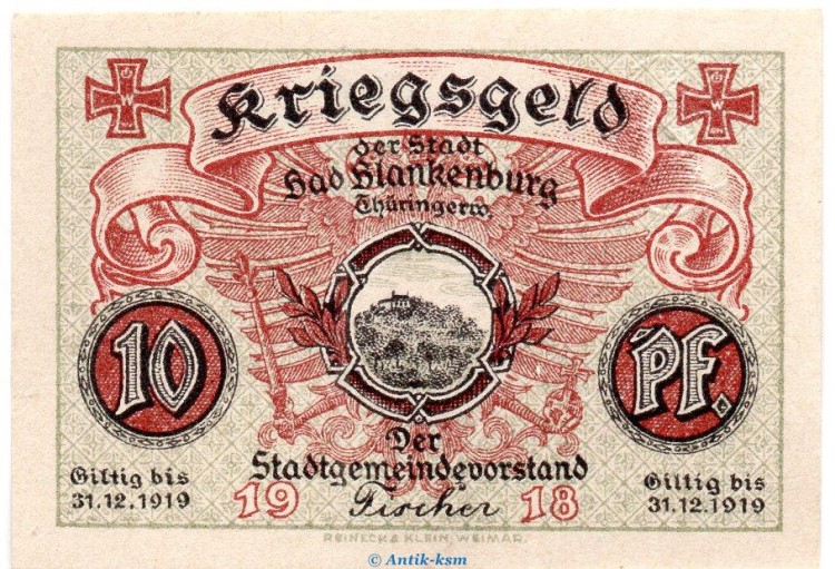 Notgeld Stadt Bad Blankenburg 0715.05.20 , 10 Pfennig Schein in kfr. von 1918 , Thüringen Verkehrsausgabe