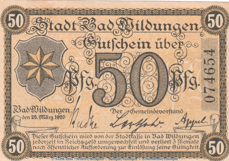 Notgeld Stadt Bad Wildungen , 50 Pfennig Schein in kfr. Tieste 7935.05.22 von 1920 , Hessen Verkehrsausgabe