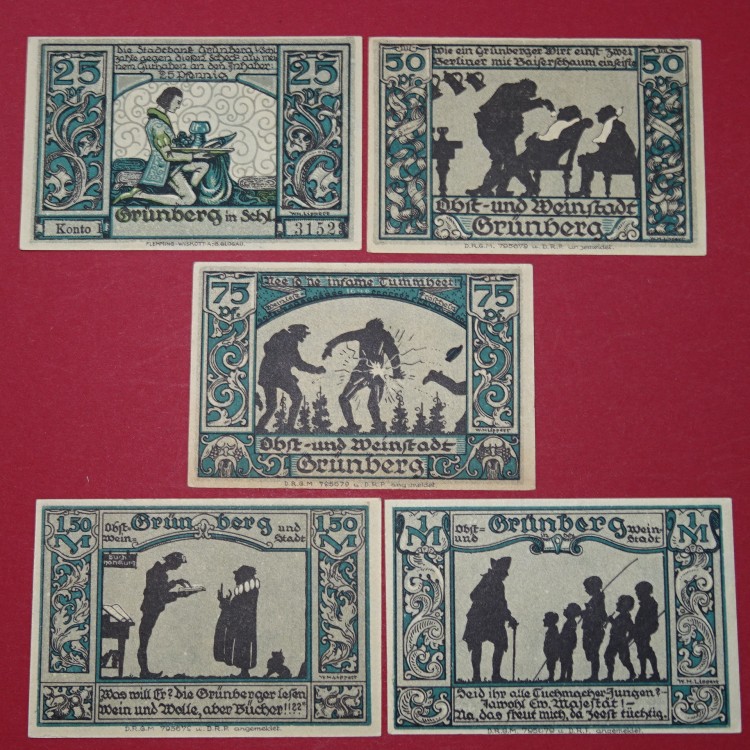 Notgeld Stadtbank Grünberg , Schlesien , Polen Zielona Gora , Schattenrisse , kompletter Satz mit 5 Scheinen in kassenfrischer Erhaltung , Seriennotgeld , 490.2