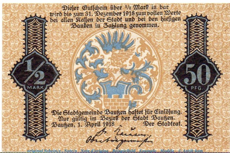 Notgeld Stadt Bautzen 0360.20.05 , Einzelschein über 1/2 Mark in kfr.  04.1918 , Sachsen Verkehrsausgabe