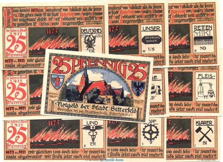 Notgeld Stadt Bitterfeld 111.1 Set mit 10 x 25 Pfennig in kfr. von 1921 , Sachsen Anhalt Seriennotgeld