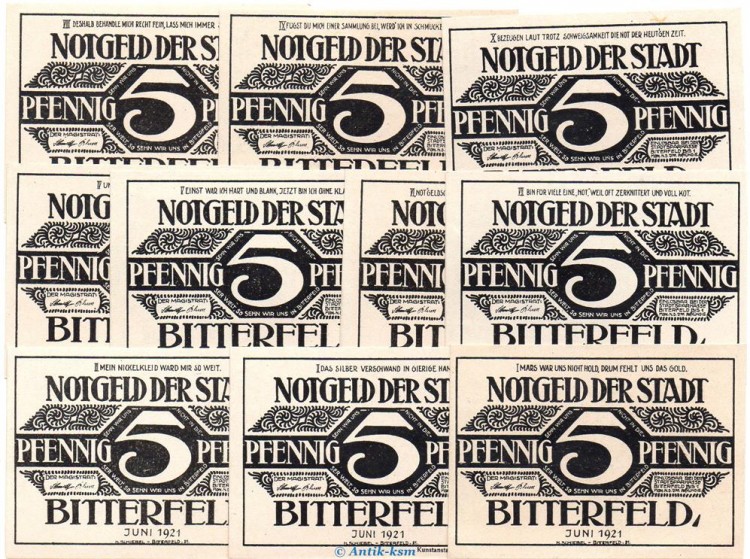 Notgeld Stadt Bitterfeld 111.1 , Set mit 10 x 5 Pfennig in kfr. von 1921 Sachsen Anhalt Seriennotgeld
