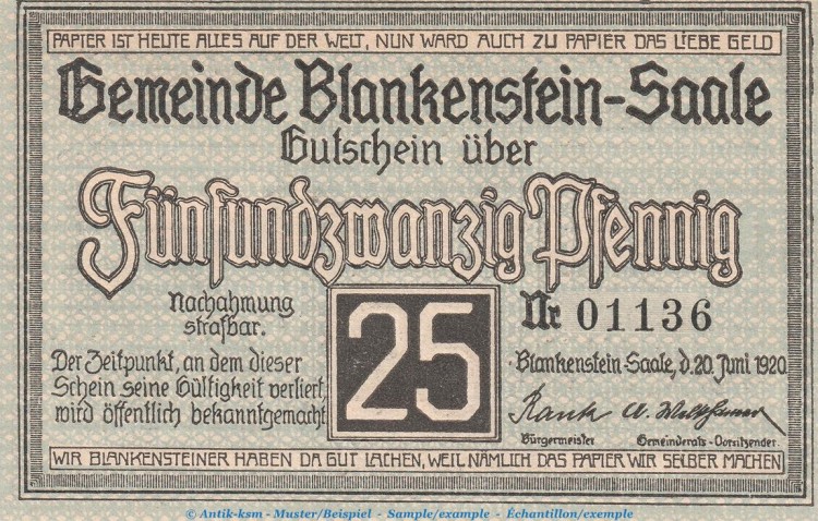Notgeld Stadt Blankenstein , 25 Pfennig Schein in kfr. Tieste 0730.05.01 von 1920 , Thüringen Verkehrsausgabe