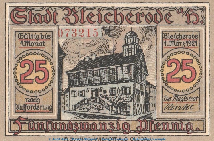 Notgeld Stadt Bleicherode 119.2 , 25 Pfennig -rote KN- in kfr. von 1921 , Seriennotgeld Thüringen