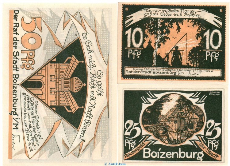 Notgeld Stadt Boizenburg 134.1.a mit b , Reutergeld Set mit 3 Scheinen in kfr. o.d. Mecklenburg Vorpommern Seriennotgeld