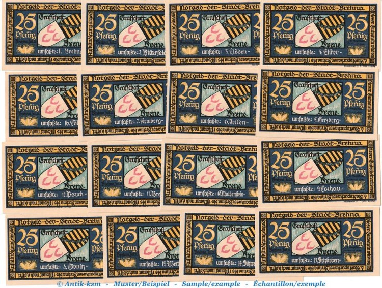 Notgeld Stadt Brehna 160.2 , Set mit 16 Scheinen -Orte- in kfr. von 1921 , Sachsen Anhalt Seriennotgeld