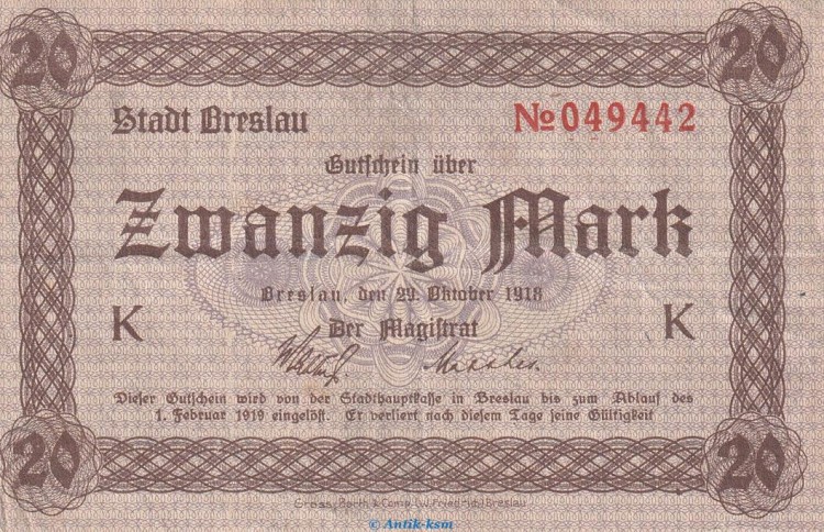 Notgeld Stadt Breslau , 20 Mark Schein in gbr. Geiger 068.24 von 1918 , Schlesien Großnotgeld
