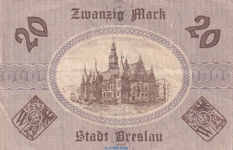 Notgeld Stadt Breslau , 20 Mark Schein in gbr. Geiger 068.24 von 1918 , Schlesien Großnotgeld