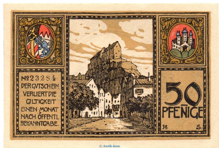 Notgeld Stadt Burghausen 1035.30.05 , 50 Pfennig Schein in kfr. ab 21000 , von 1918 , Bayern Verkehrsausgabe