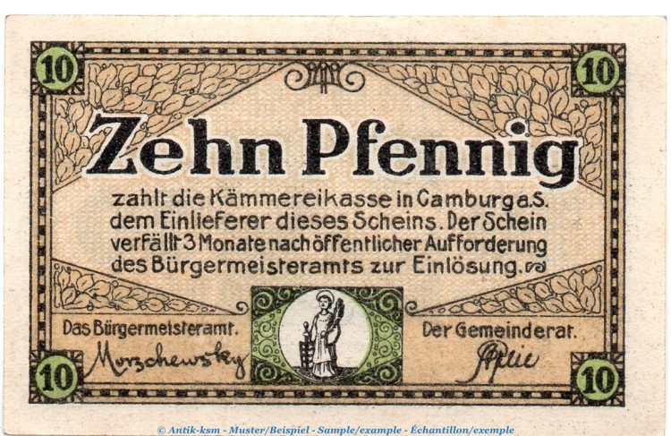 Notgeld Stadt Camburg 1080.10.10 , 10 Pfennig Schein in kfr. von 1919 , Sachsen Verkehrsausgabe