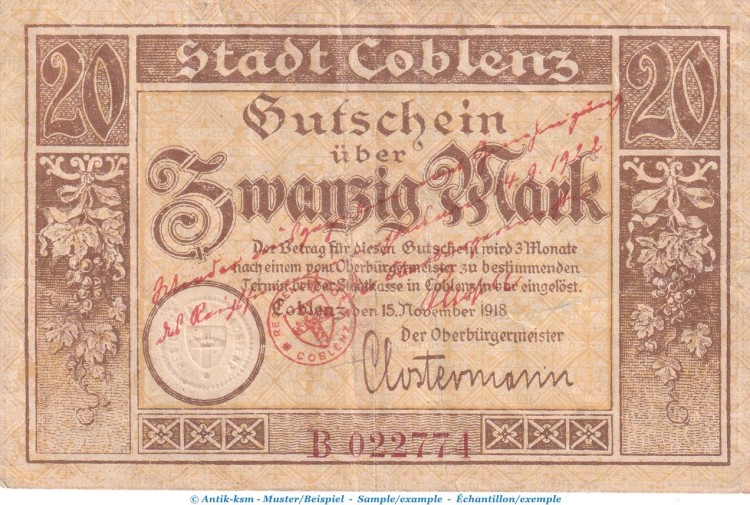 Notgeld Stadt Coblenz , 20 Mark Überdruck in gbr. Geiger 082.W2 von 1922 , Rheinland Grossnotgeld