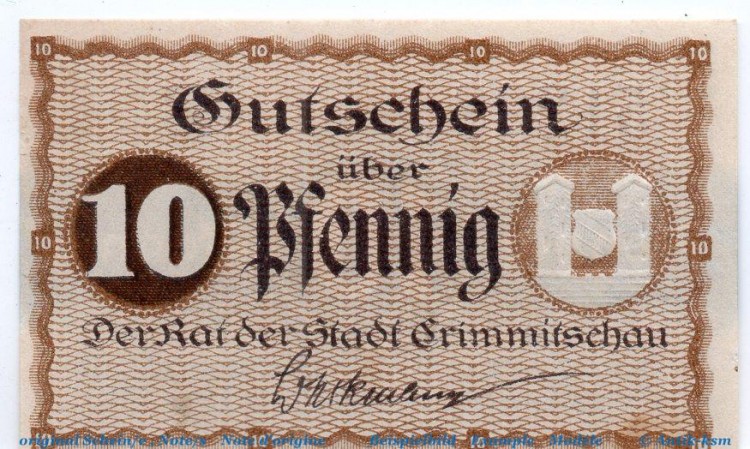 Notgeld Stadt Crimmitschau 1230.20.10 , 10 Pfennig Serie B in kfr. o.D. Sachsen Verkehrsausgabe
