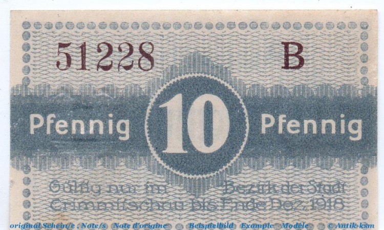Notgeld Stadt Crimmitschau 1230.20.10 , 10 Pfennig Serie B in kfr. o.D. Sachsen Verkehrsausgabe
