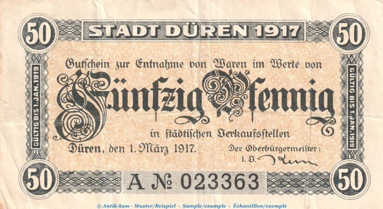 Notgeld Stadt Düren 1530.10.01 , 50 Pfennig Schein in gbr. von 1917 , Rheinland Verkehrsausgabe