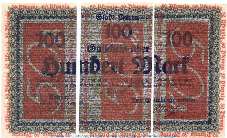 Notgeld Stadt Düren , Set mit 3 x 50 Pfennig -li-mi-re- in kfr. von 1921 , Westfalen Seriennotgeld