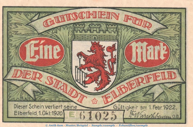 Notgeld Stadt Elberfeld 324.1 , 1 Mark Schein Nr.4 -grün- in kfr. von 1920 , Westfalen Seriennotgeld