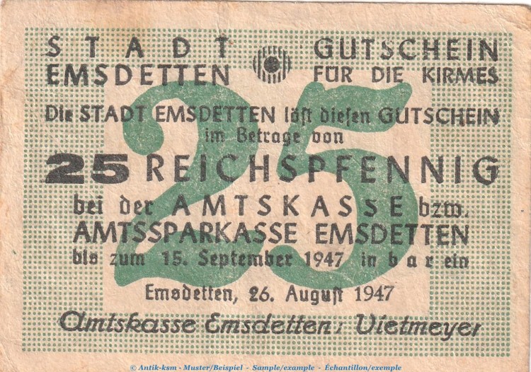Notgeld Stadt Emsdetten , 25 Pfennig Schein in gbr. Topp 255.3 von 1947 , Westfalen Notgeld 1945-48