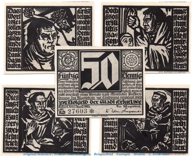 Notgeld Stadt Erfurt 344.2 , Set mit 5 Scheinen in kfr. von 1921 , Thüringen Seriennotgeld