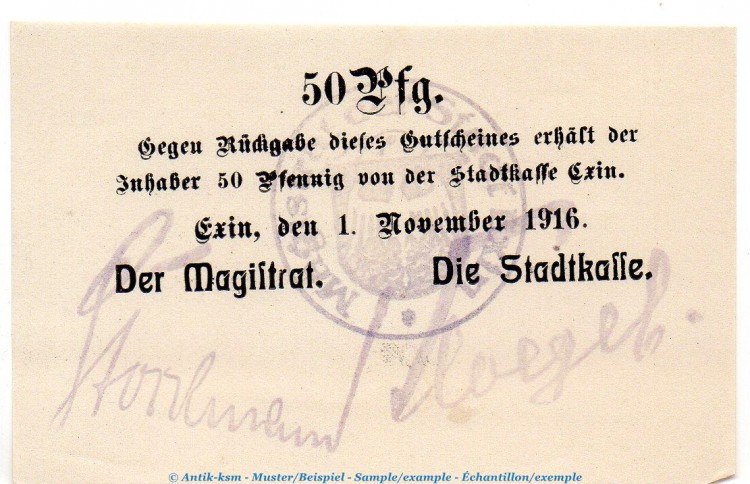 Notgeld Stadt Exin 1830.05.21 , 50 Pfennig Schein in kfr. von 1916 , Posen Verkehrsausgabe