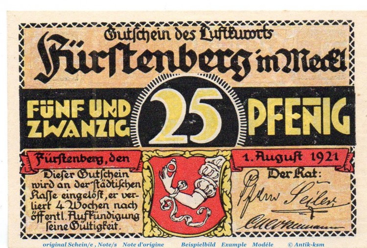 Notgeld Stadt Fürstenberg 402.11 , 25 Pfennig , WZ gelb , in kfr. von 1921 , Brandenburg Seriennotgeld
