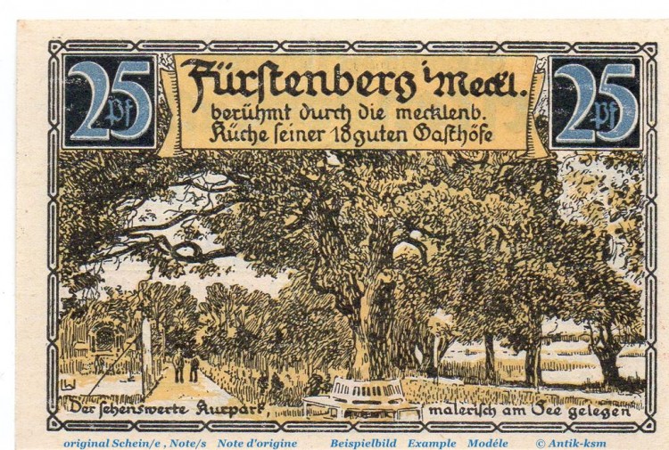 Notgeld Stadt Fürstenberg 402.11 , 25 Pfennig , WZ gelb , in kfr. von 1921 , Brandenburg Seriennotgeld