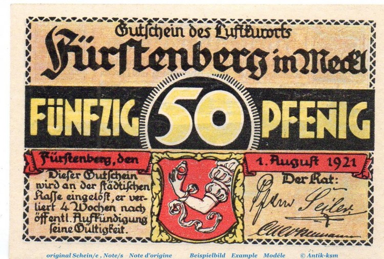 Notgeld Stadt Fürstenberg 402.11 , 50 Pfennig , WZ gelb , in kfr. von 1921 , Brandenburg Seriennotgeld
